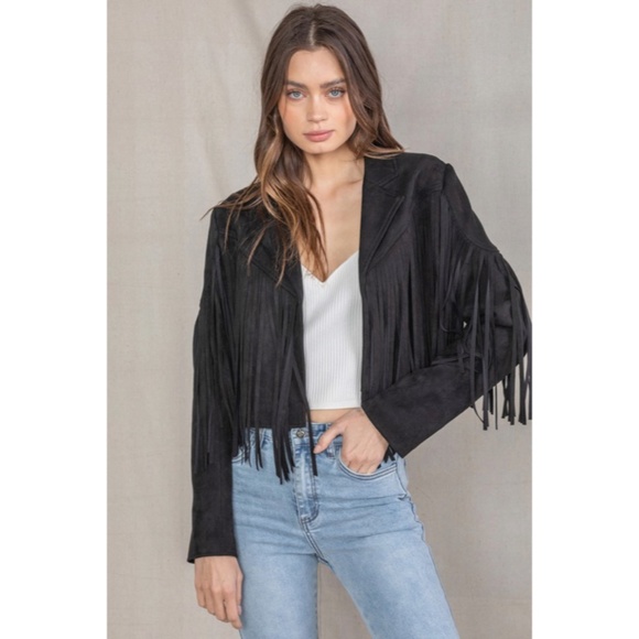 Jackets & Blazers - SOLD OUT Black Faux Leather Suede Fringe Cropped Western Boho Moto Jacket